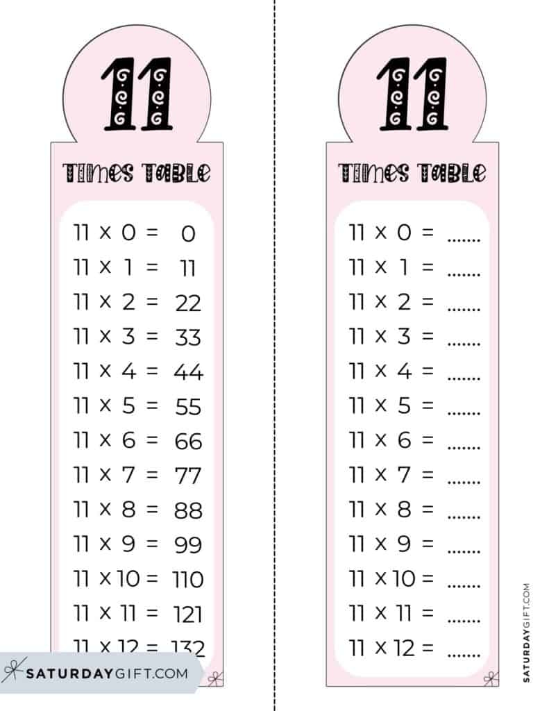 11 Times Table Chart 15 Cute Free Printables SaturdayGift