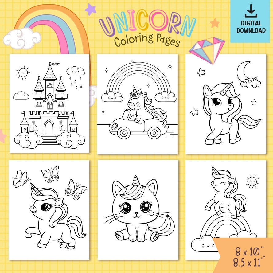 12 Unicorn Coloring Pages Kawaii Designs For Kids digital Download Etsy