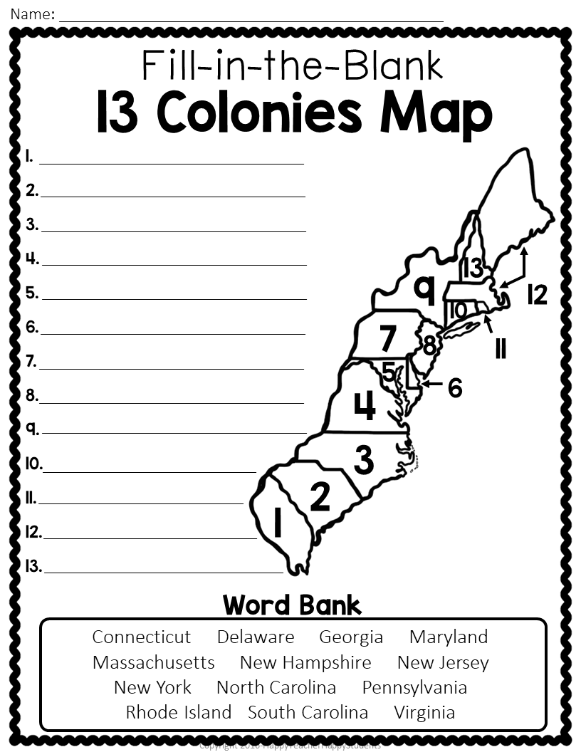 13 colonies map printable