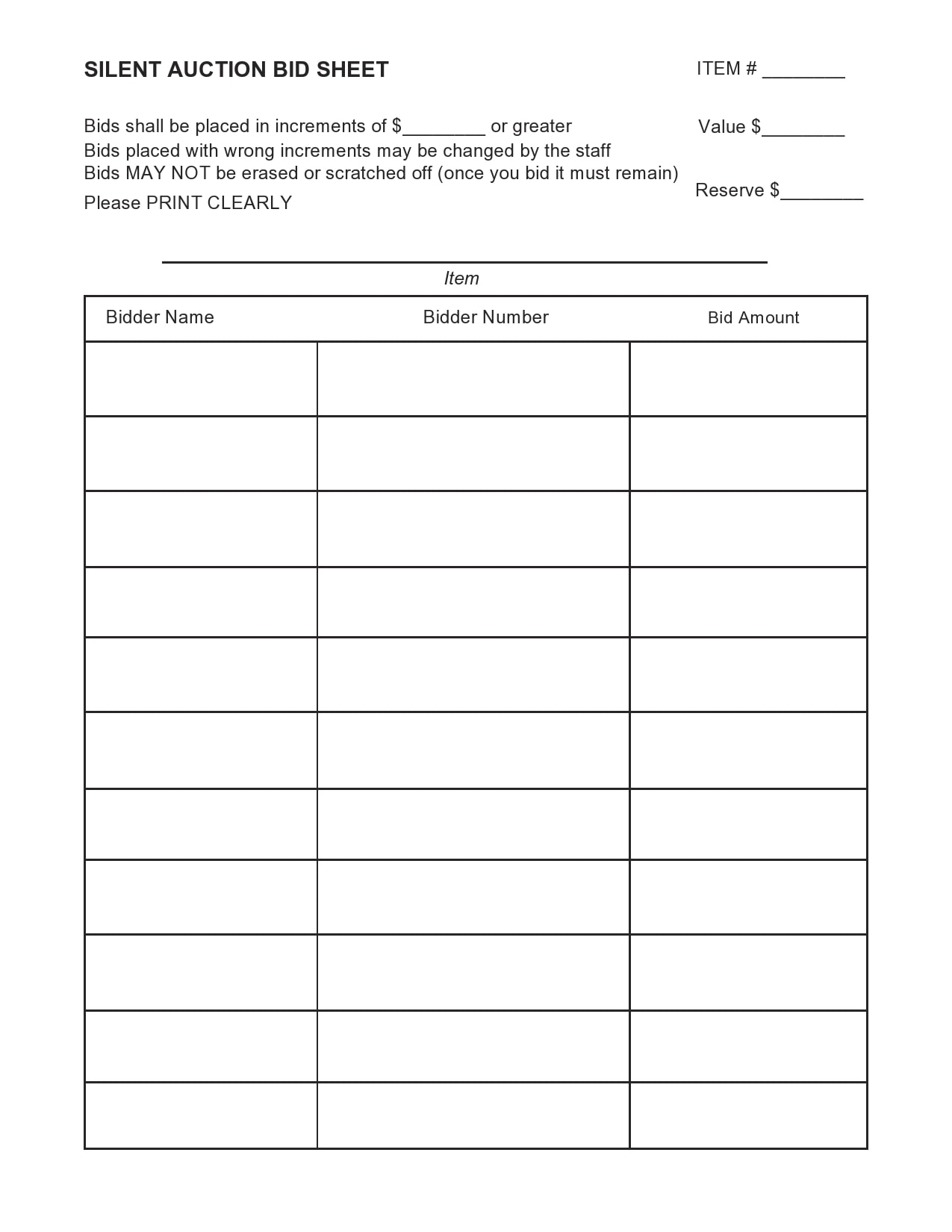 silent auction bid sheet printable