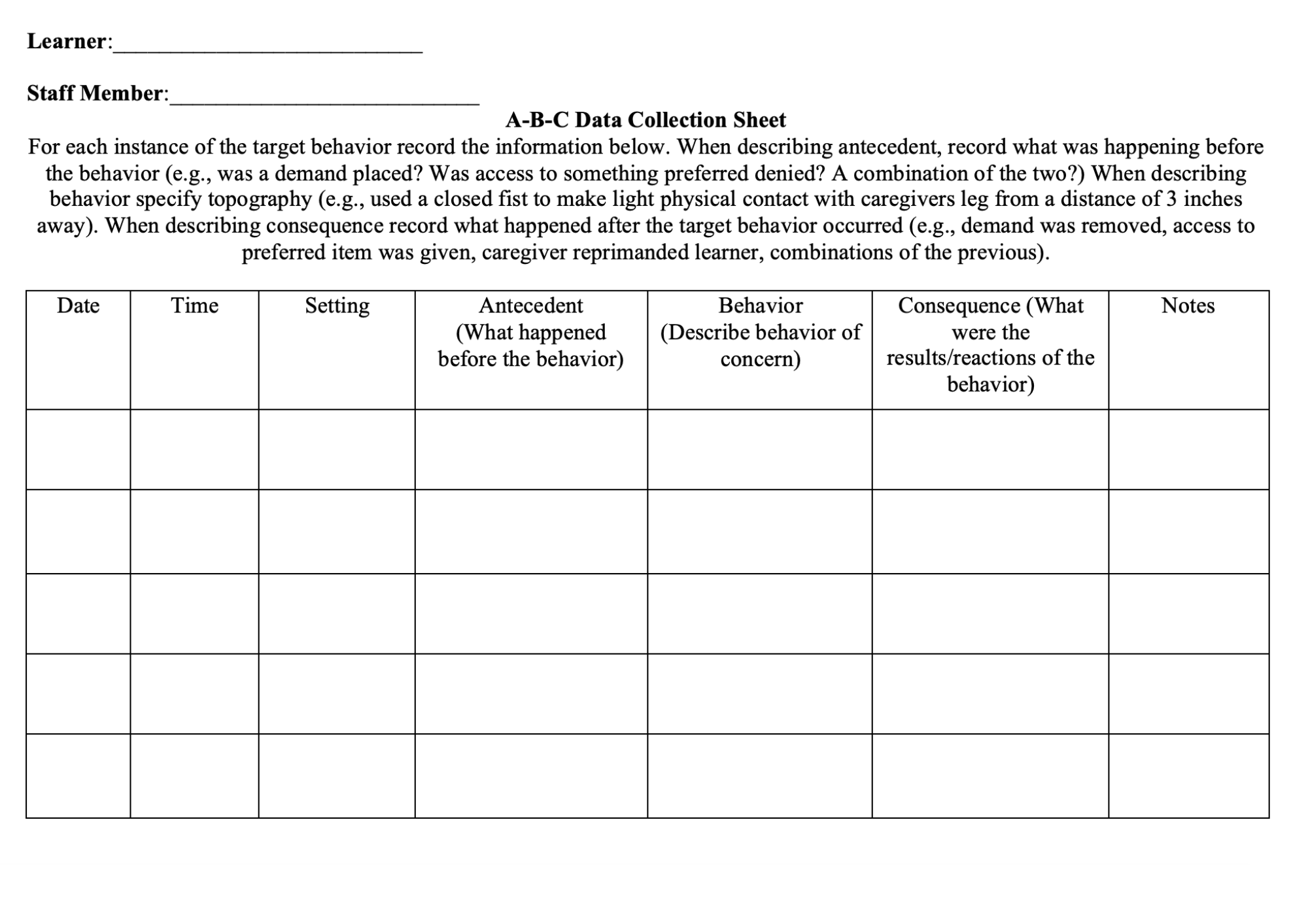 ABC Data Collection Sheet Behavior Analyst Resource Center