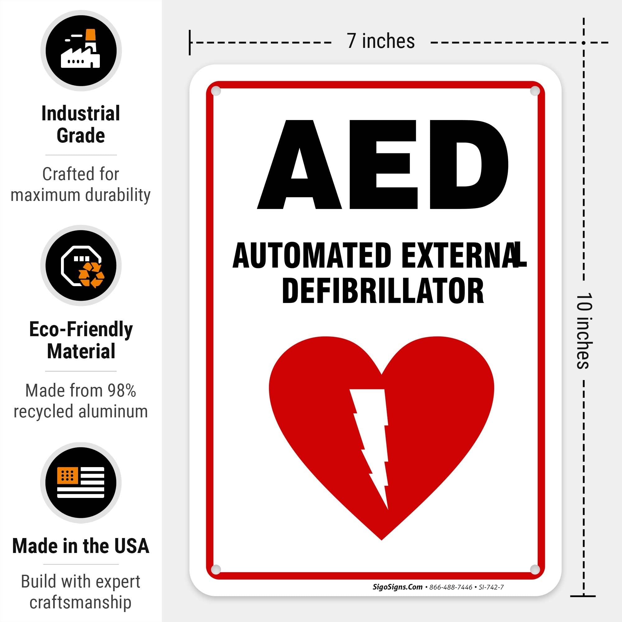 AED Sign Automated External Defibrillator Sign 10x7 Inches Rust Free 040 Aluminum Fade Resistant Made In USA Amazon Industrial Scientific