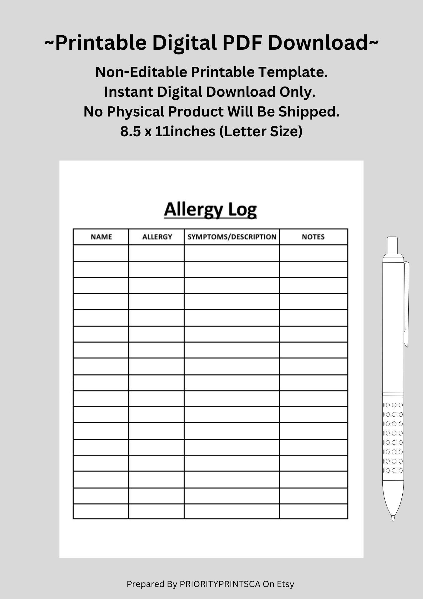 Allergy Log Allergies Allergy Form sheet Medical Conditions Printable US Letter Size Digital Download Etsy