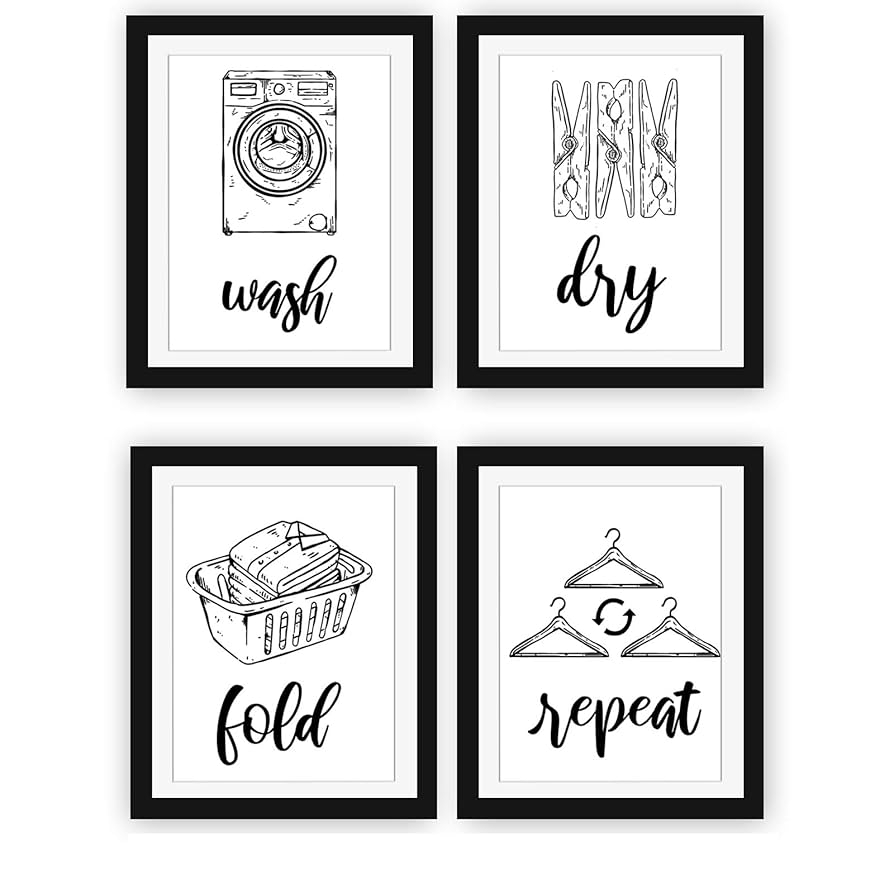 Amazon Modern 5th Laundry Room Signs Set Of 4 Unframed 8 X 10 Inches Wash Dry Fold Repeat Typography Wall Art Decor Prints Black And White Print Unframed Posters Prints