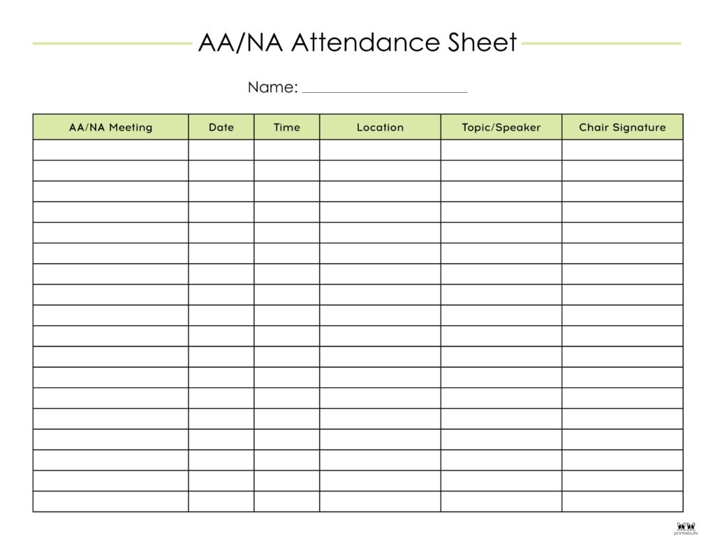 aa attendance sheet printable