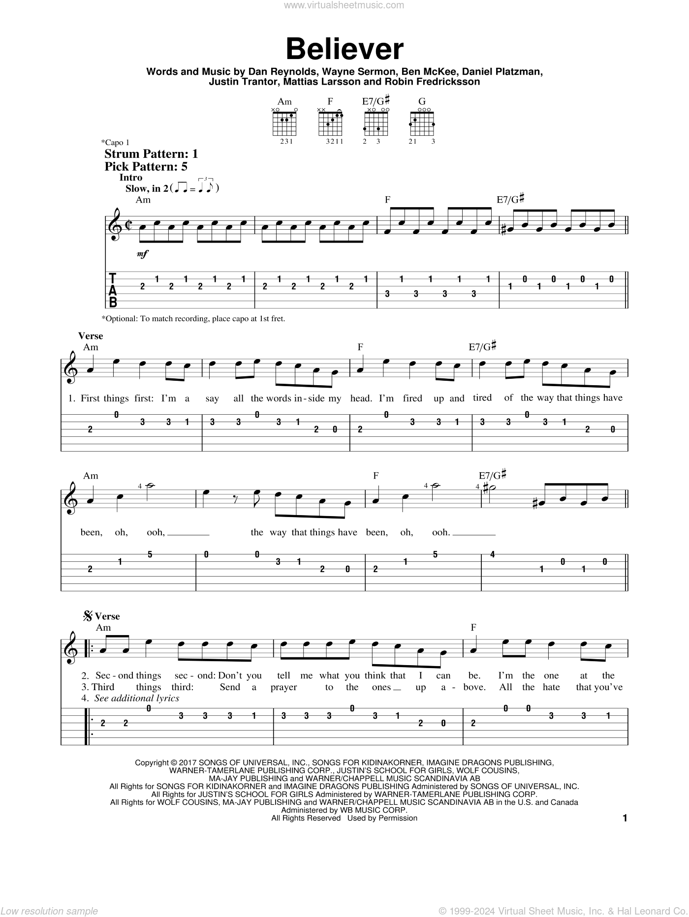 Believer Sheet Music For Guitar Solo easy Tablature PDF 