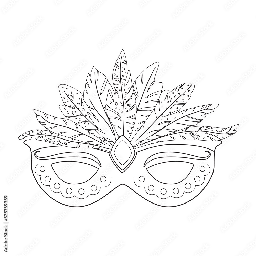 Carnival Mask With Feathers Outline Vector Illustration Festival Decoration And Costume Element Masquerade Symbol Coloring Page Template Stock Vector Adobe Stock