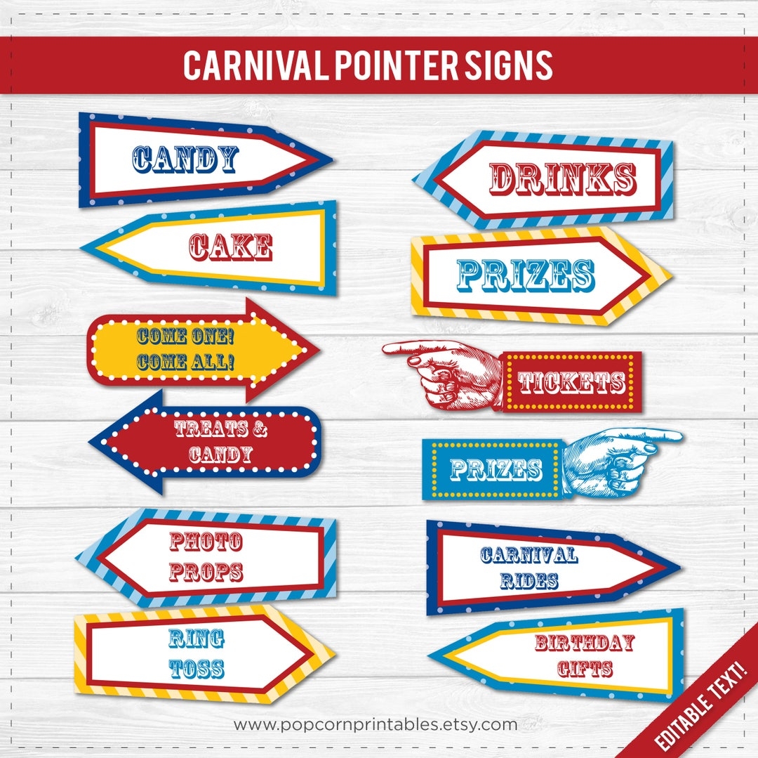 Carnival Party Signs Printable Editable Text PDF Instant Download Personalize At Home With Adobe Reader Red White Blue Dots Stripes Etsy