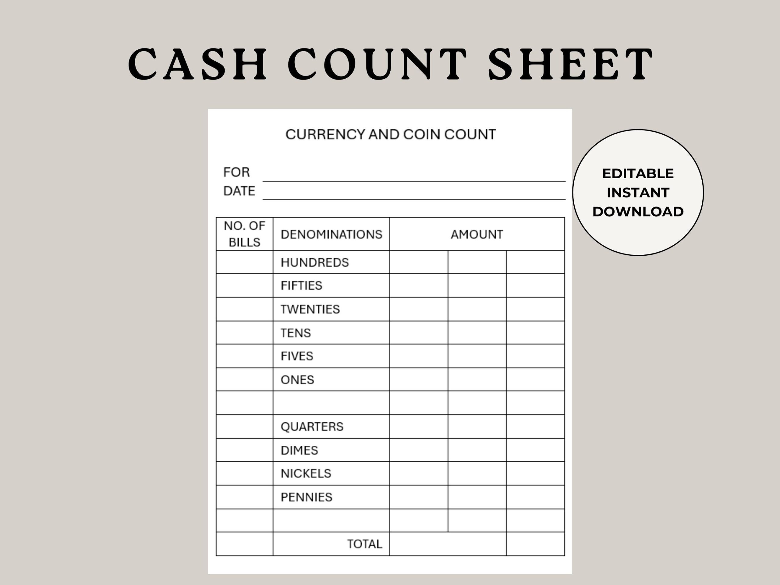 Cash Count Sheet Cash Count Form Cash Drawer Sheets Closing Cash Count Opening Cash Daily Cash Count Cash Drawer Count Bill Breakdown Etsy
