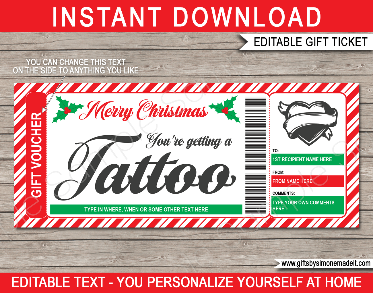Christmas Tattoo Gift Certificate Template DIY Printable Gift Voucher Card