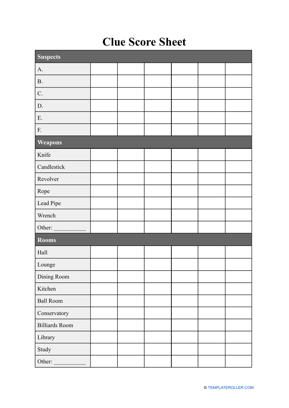 cluedo printable sheets