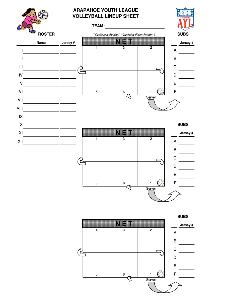CO Arapahoe Youth League Volleyball Lineup Form Fill Online Printable Fillable Blank PdfFiller