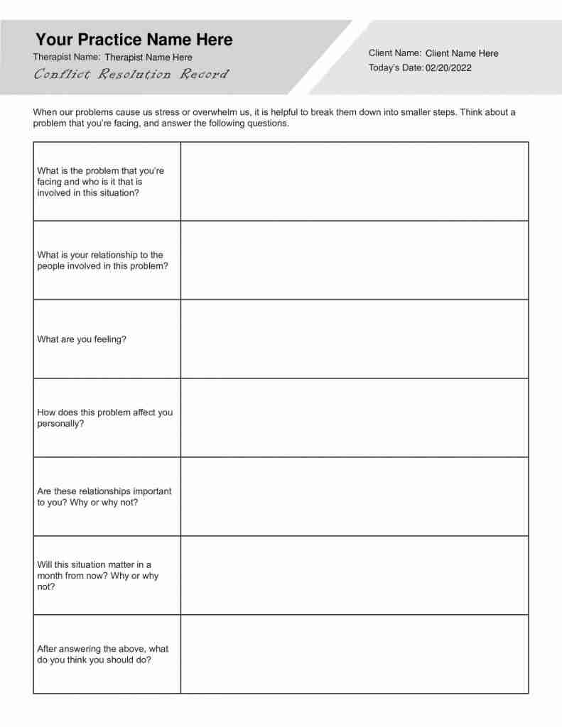 Conflict Resolution Record Worksheet Editable Fillable Printable PDF TherapyPatron