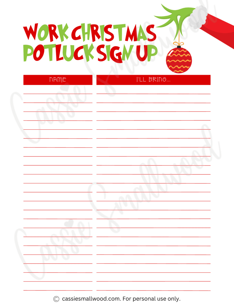 potluck sign up sheet printable