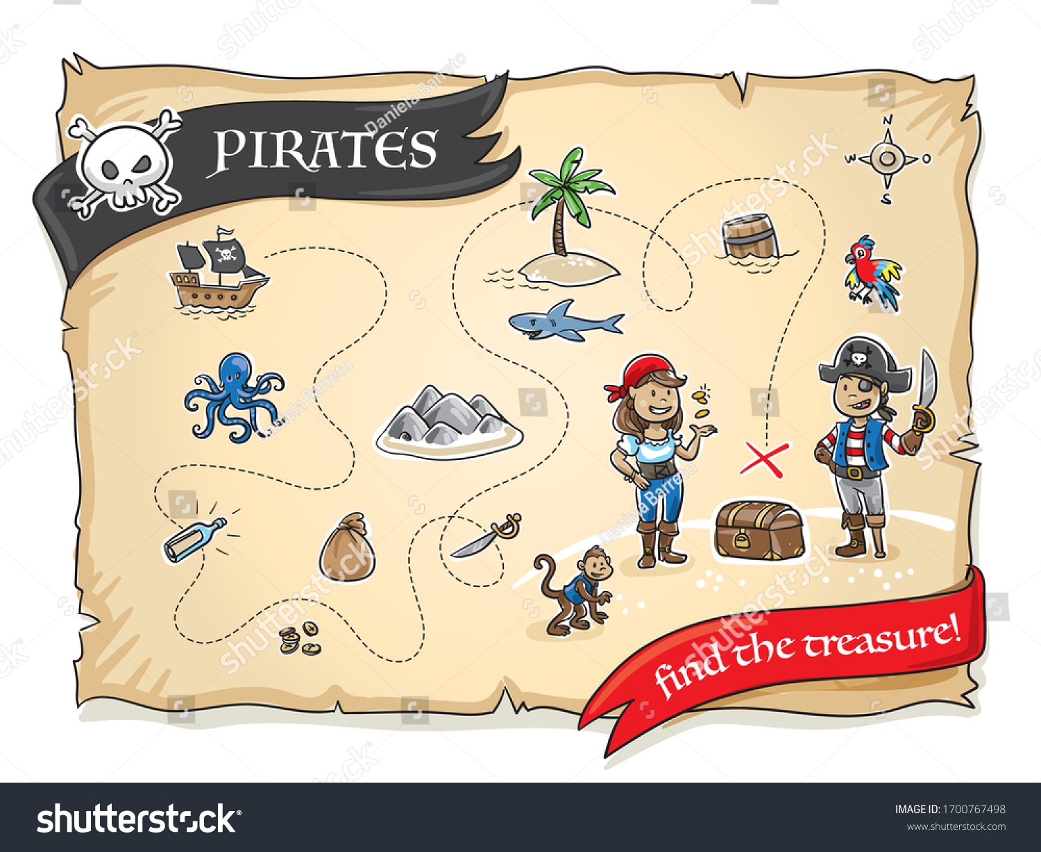 Cute Pirates Treasure Map Lots Icons Stock Vector Royalty Free 1700767498 Shutterstock