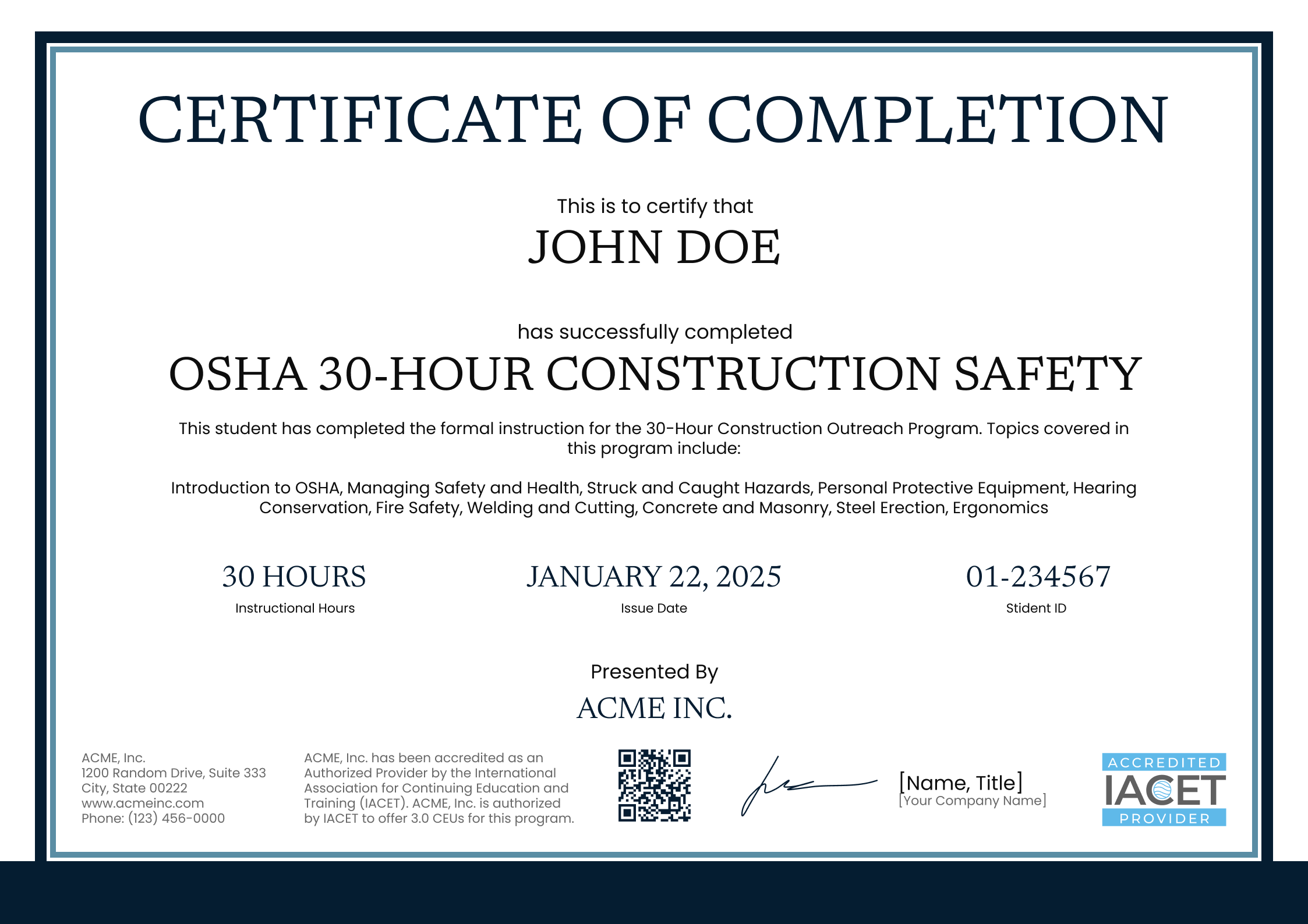 Detailed And Professional OSHA 30 Certificate Template