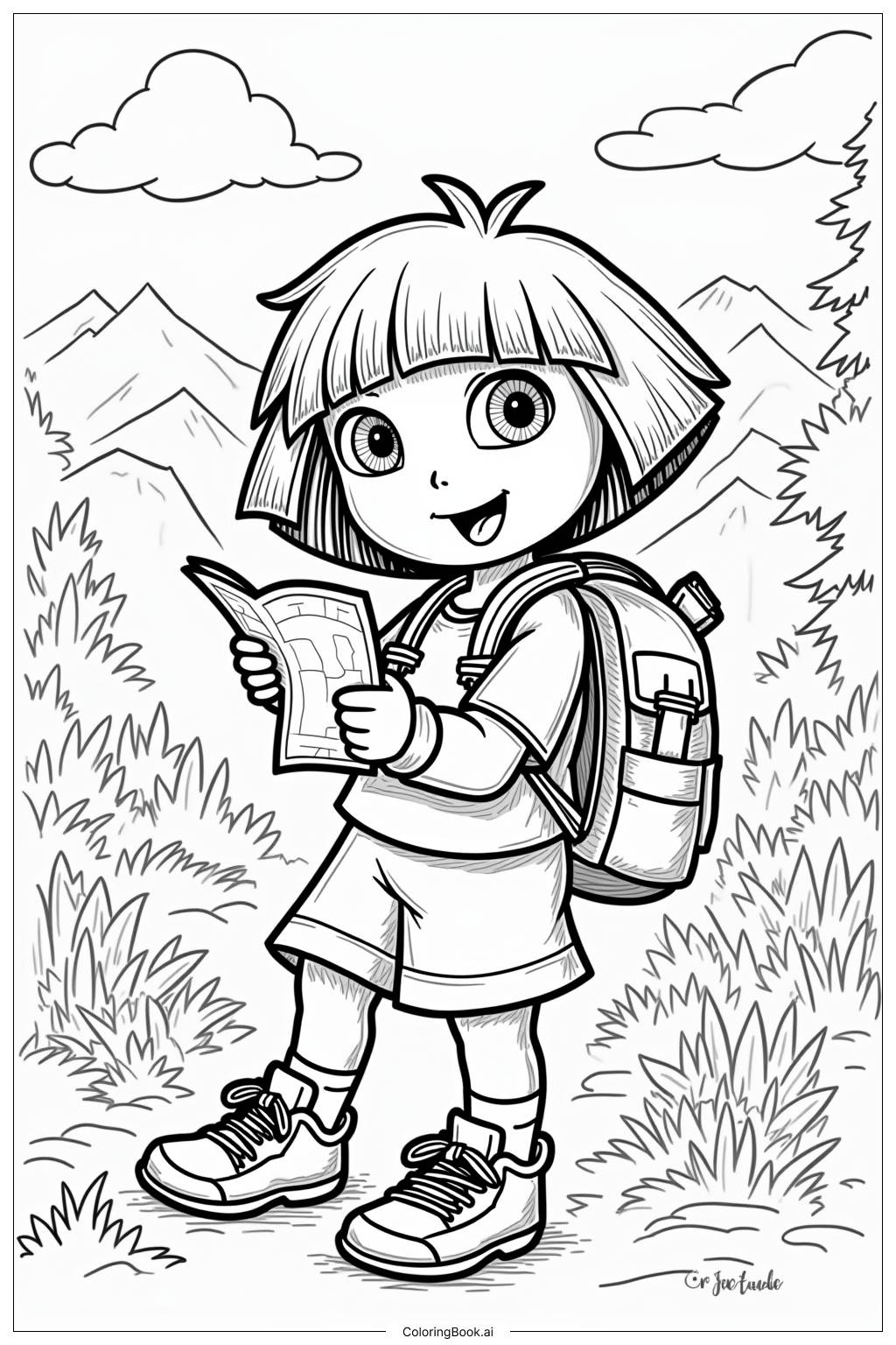 Dora The Explorer With Backpack Map Coloring Page Free PDF PNG Printable 