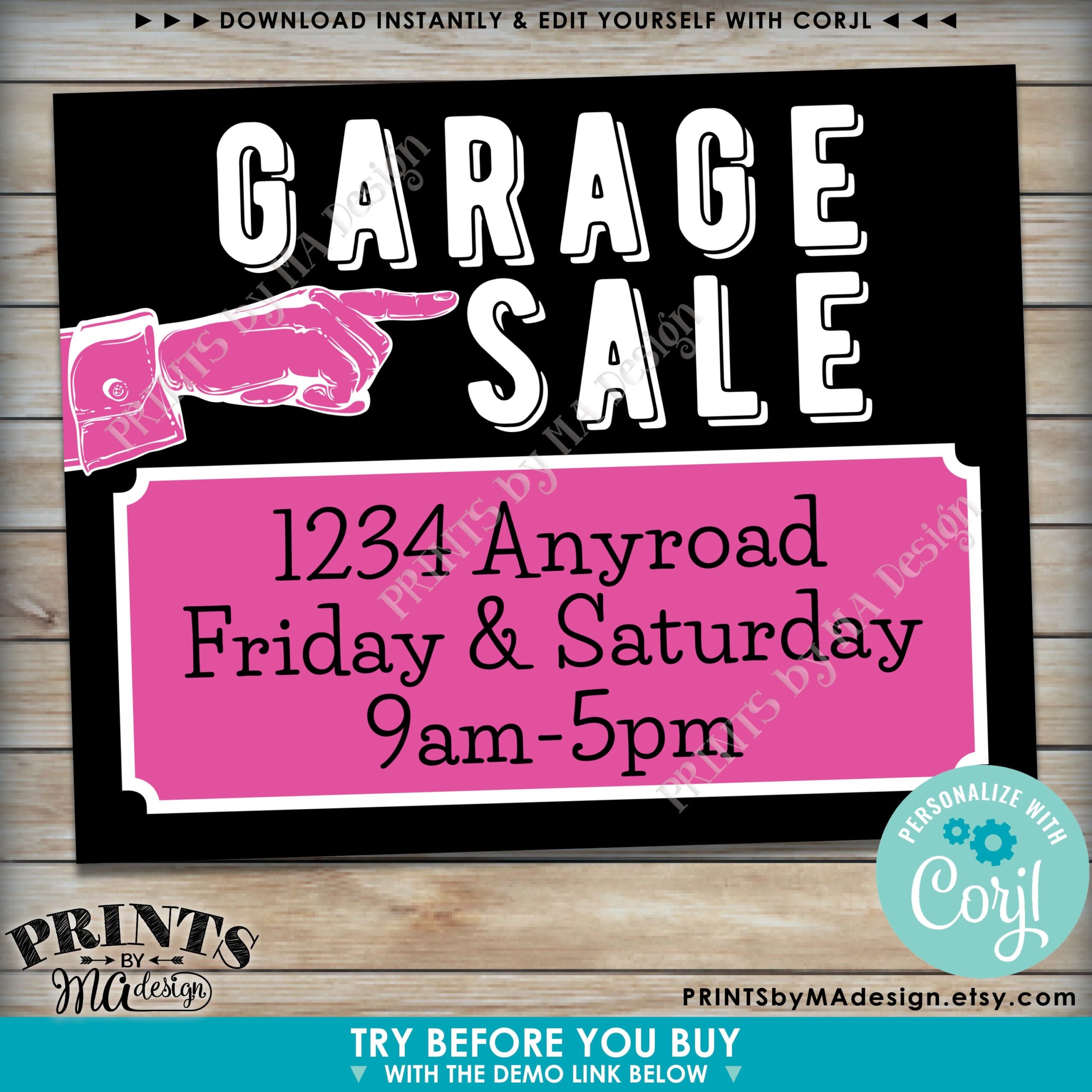 Editable Garage Sale Sign Yard Sale Custom PRINTABLE 8x10 16x20 Landscape Sign With Hand Pointing