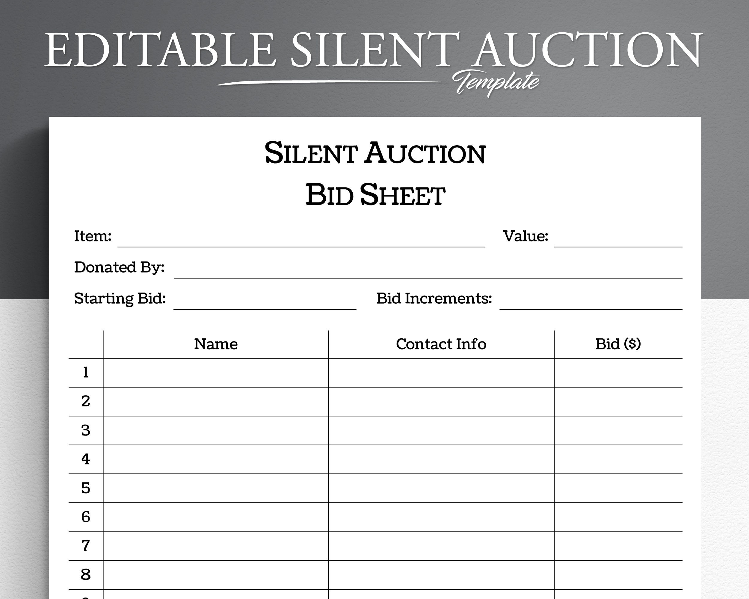 Editable Silent Auction Bid Sheet Template PDF Word Google Docs Etsy