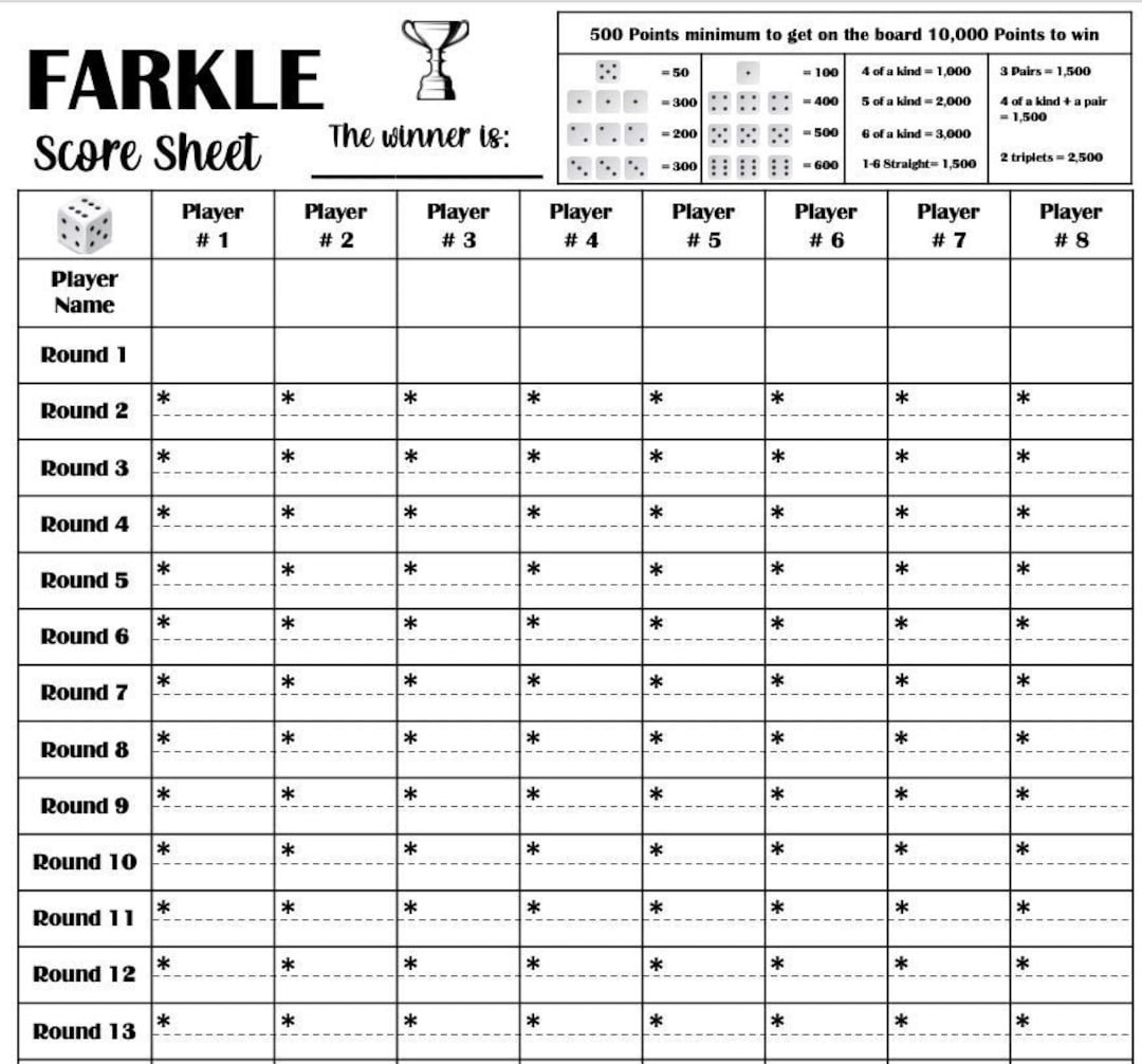 farkle score sheet printable