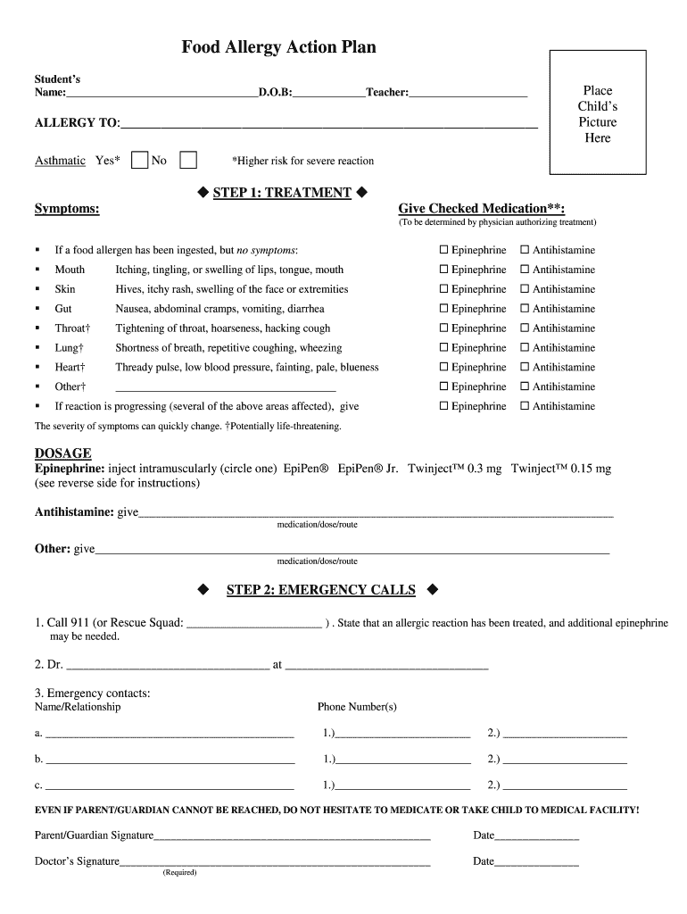 Food Allergy Action Plan Form Fill Online Printable Fillable Blank PdfFiller