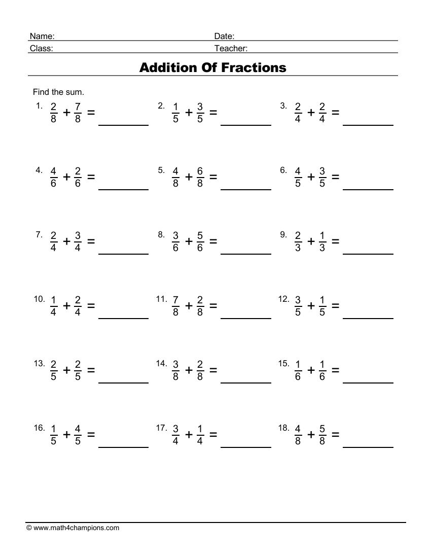 printable fraction sheets
