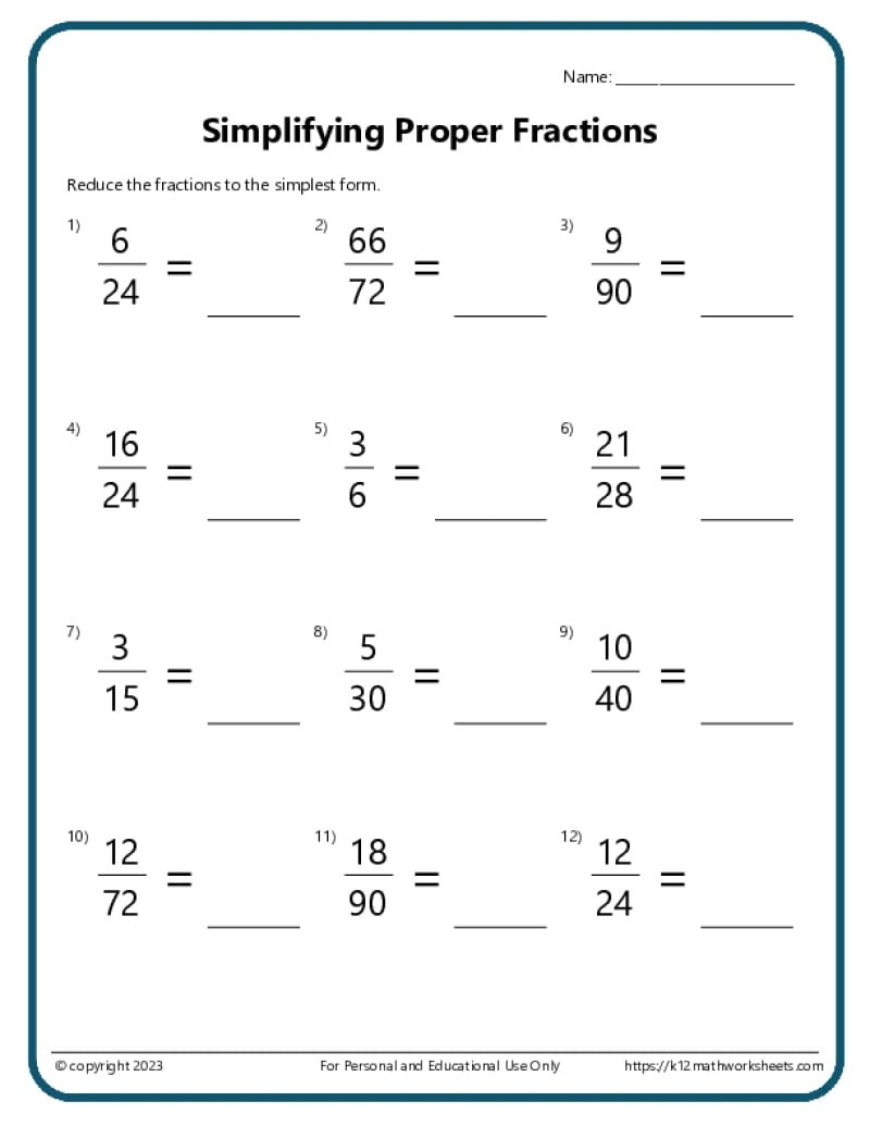 free printable fraction worksheets