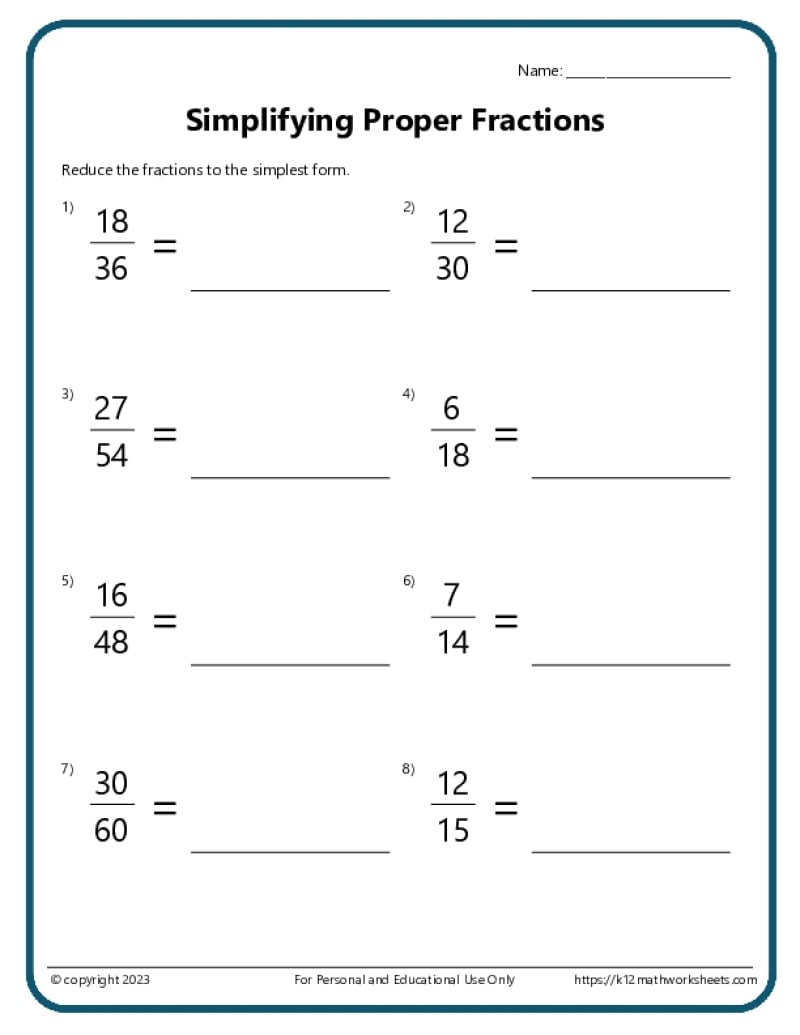 free printable fraction sheets