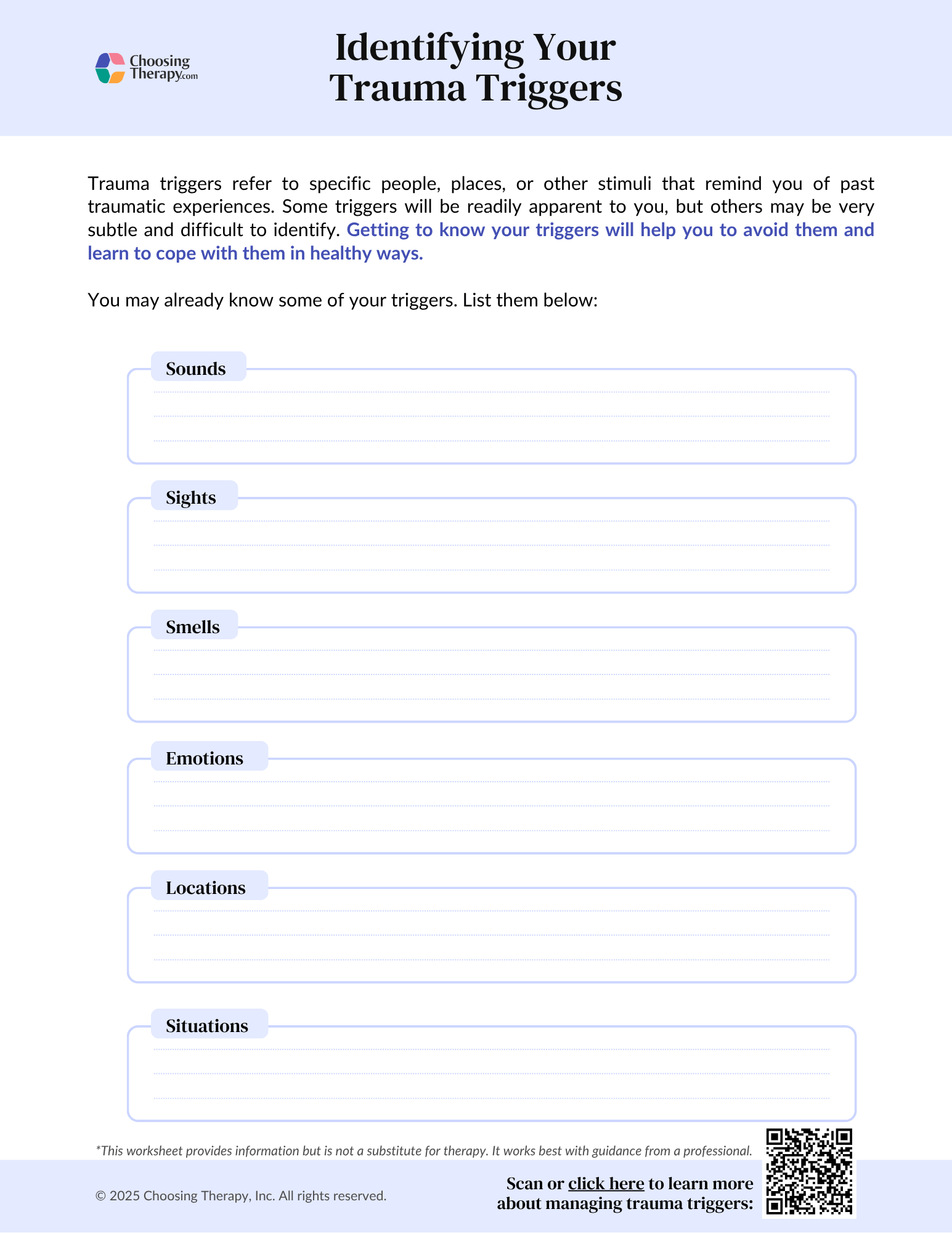 Free Identifying Trauma Triggers Worksheet Printable PDF ChoosingTherapy