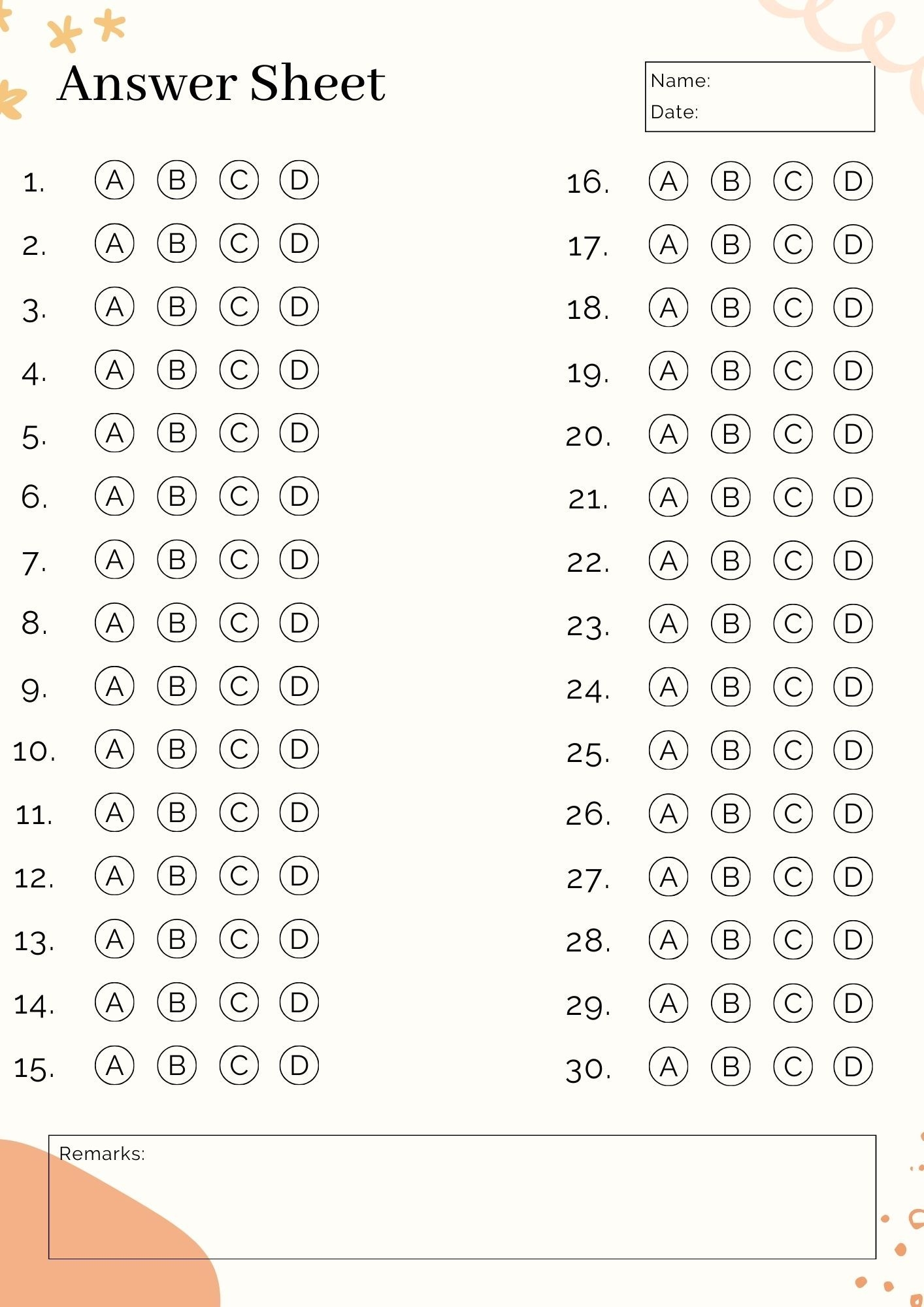 Free Printable Blank Answer Sheet Templates 1 10 1 20 1 30 1 40 1 50 1 60 1 75 1 100 With PDF Printables Hub