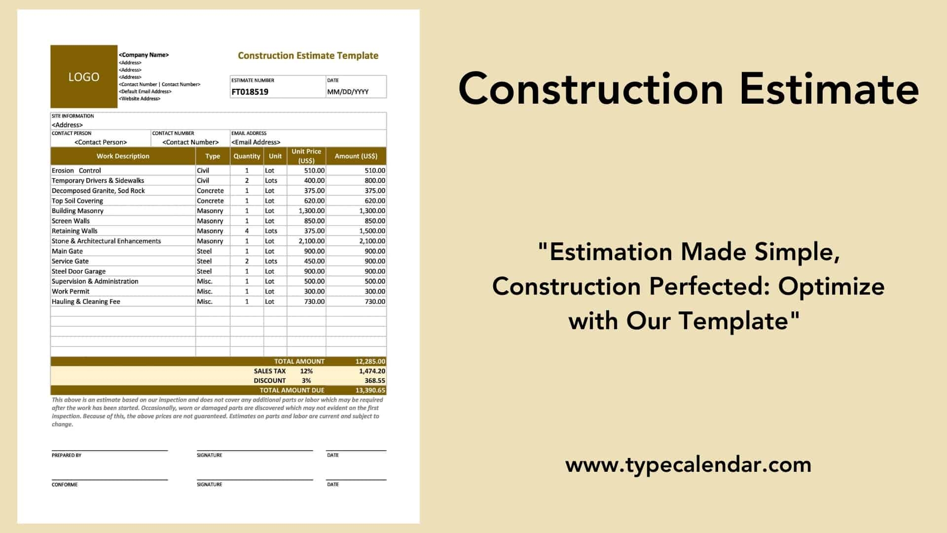 printable construction estimate template printable construction estimate template