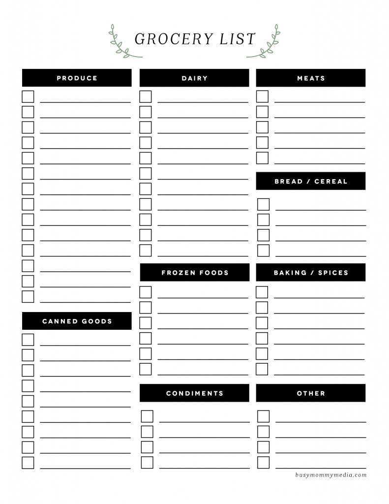 grocery list template printable