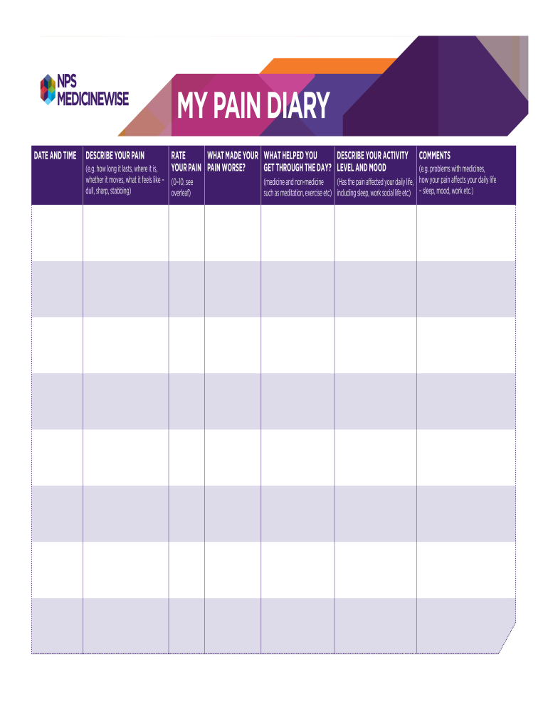 free printable pain diary template