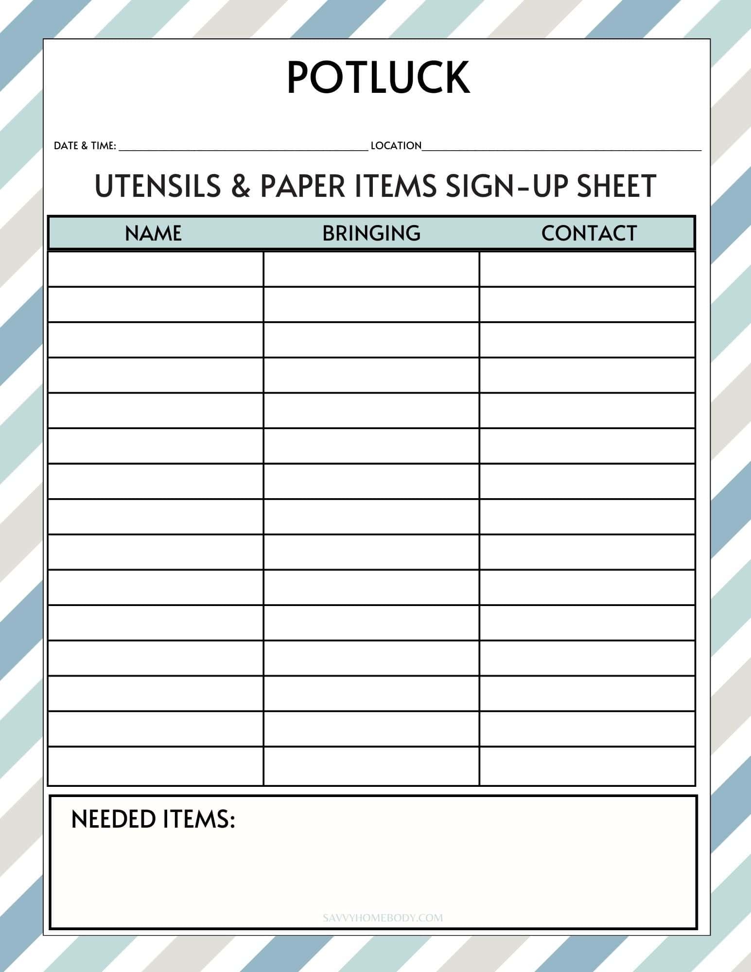 Free Printable Potluck Sign Up Sheets