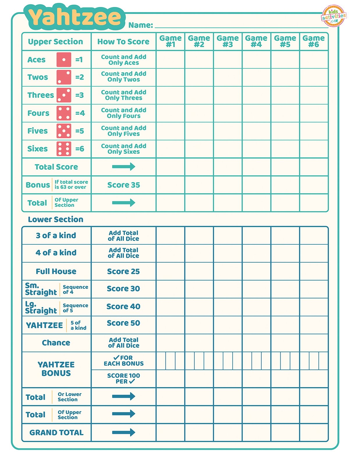 yahtzee printable score sheet