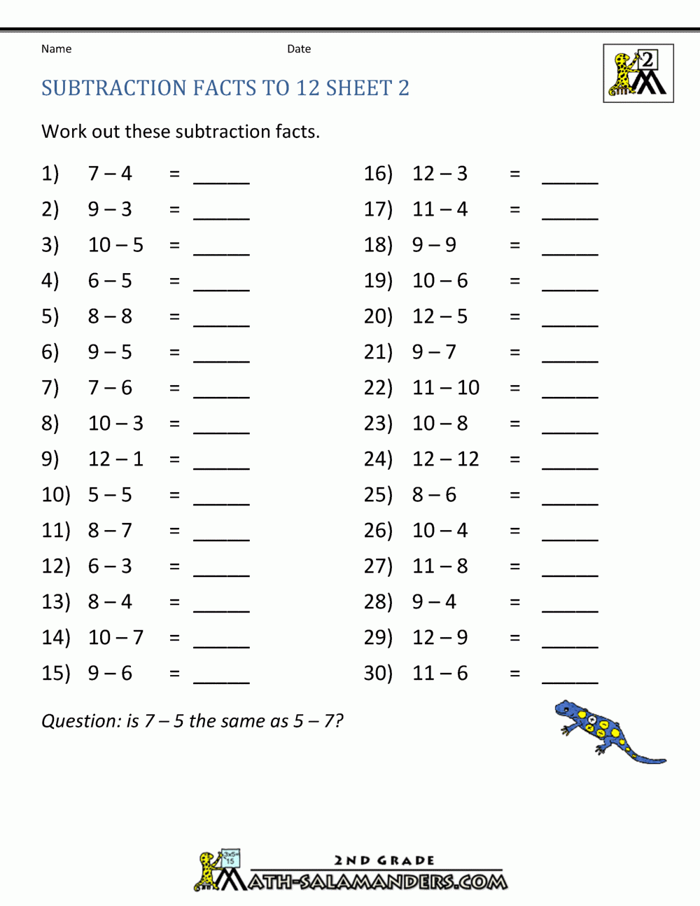 free printable subtraction sheets