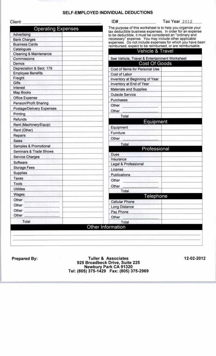 free printable tax deduction worksheet