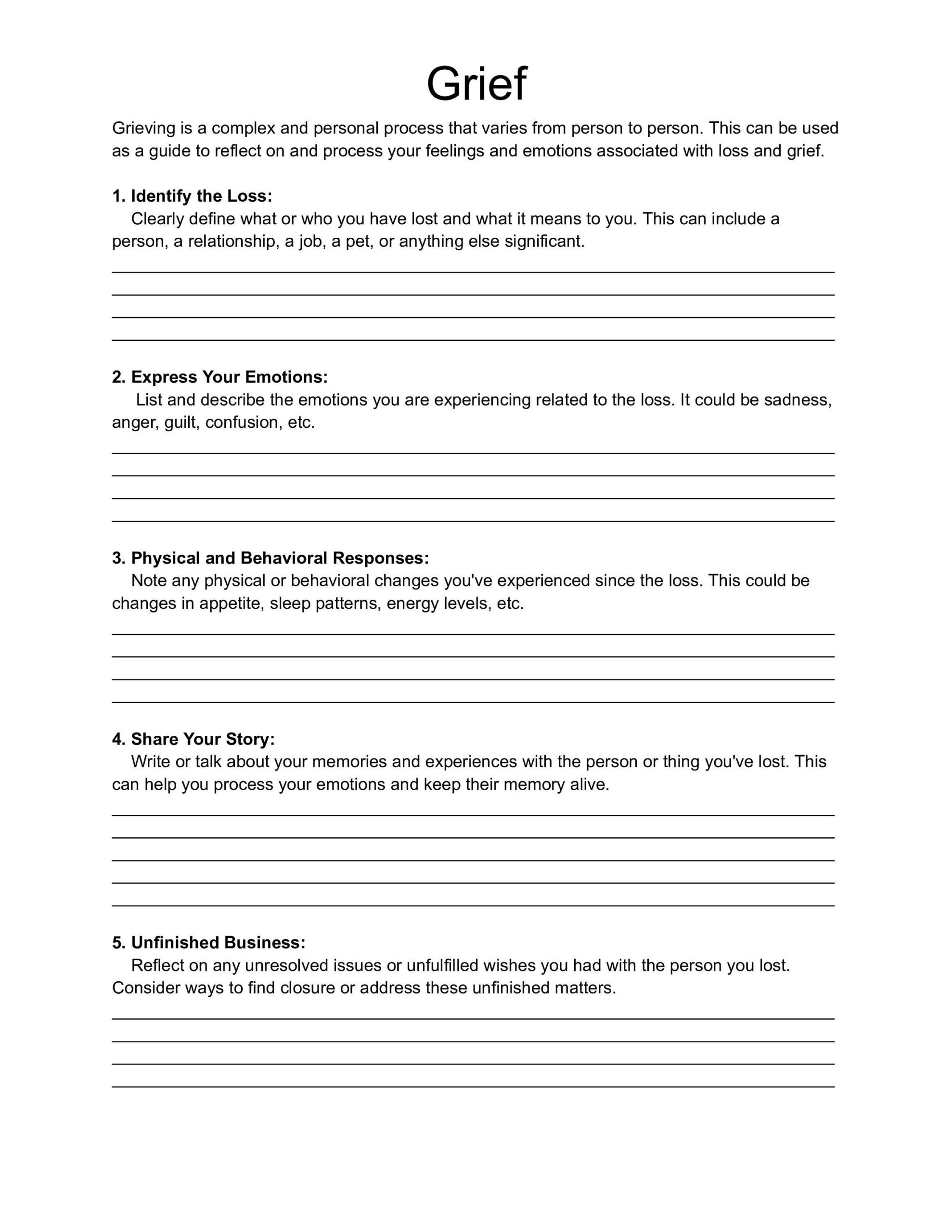 free printable grief worksheets