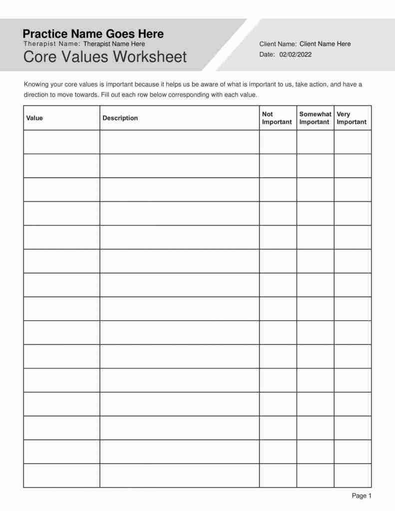 free printable core values worksheet