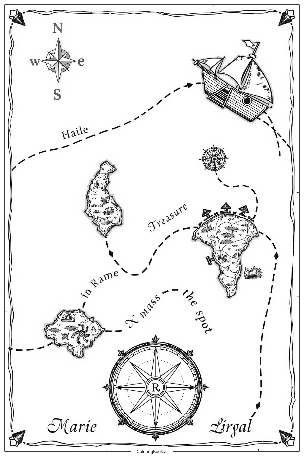 Intricate Pirate Treasure Map With Islands Coloring Page Free PDF PNG Printable 