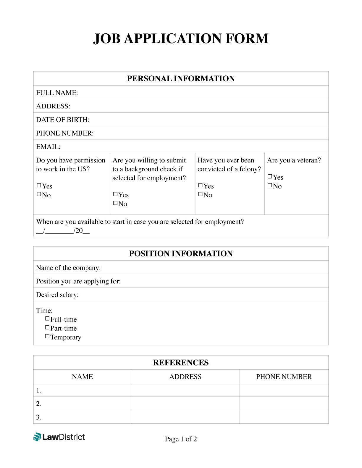 printable employment application template