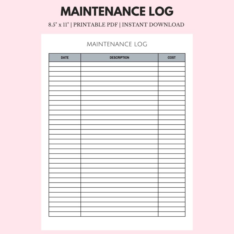 Maintenance Log 8 5 X 11 Instant Download Printable Etsy