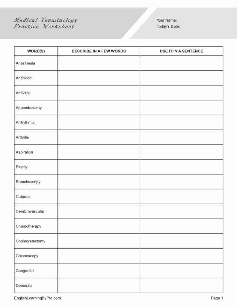Medical Terminology Practice Worksheet Editable Fillable Printable PDF EnglishLearningByPro