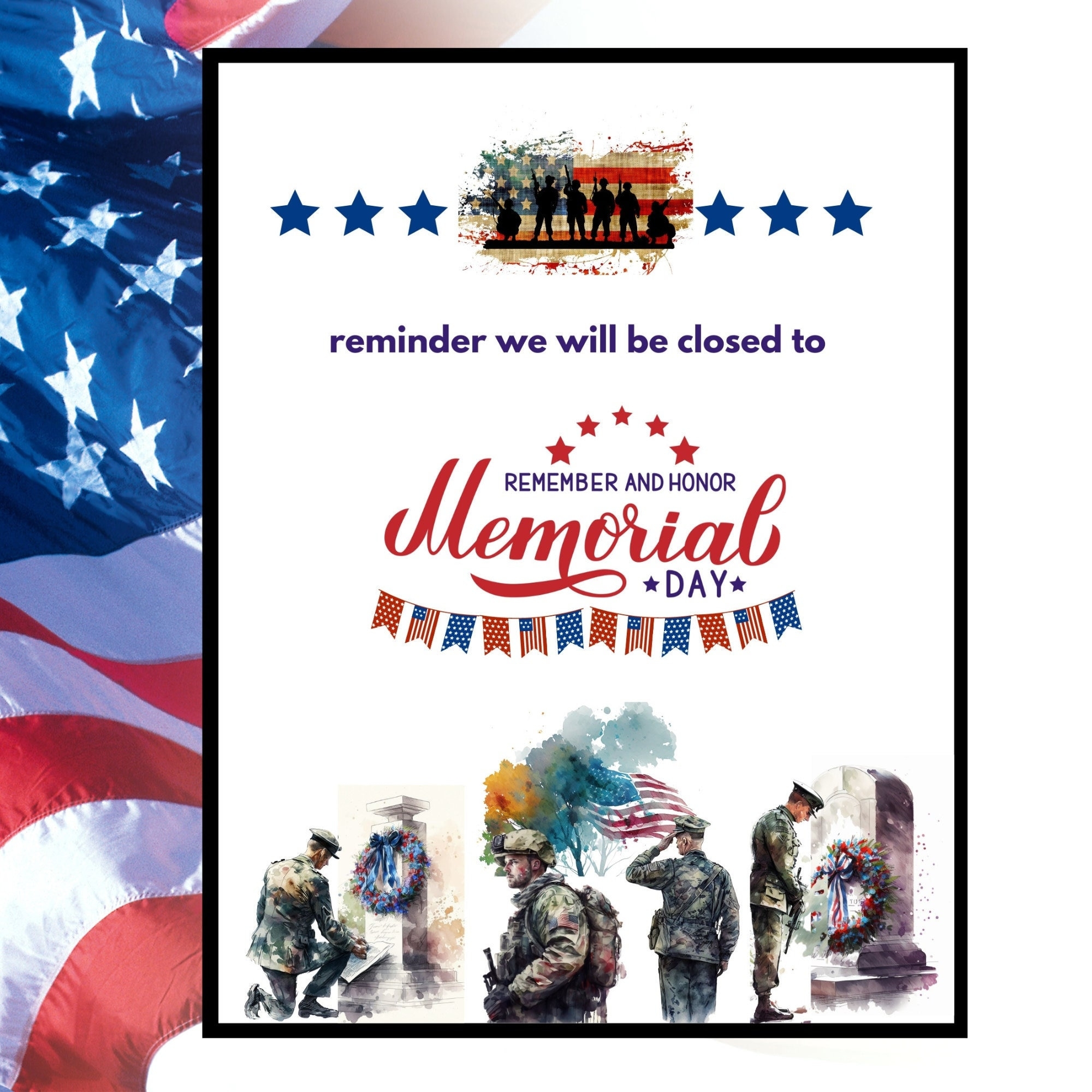 Memorial Day Closed Printable Sign Closed On Memorial Day Sign Memorial Day Closed Business Sign Closed Memorial Day Sign For Business Etsy