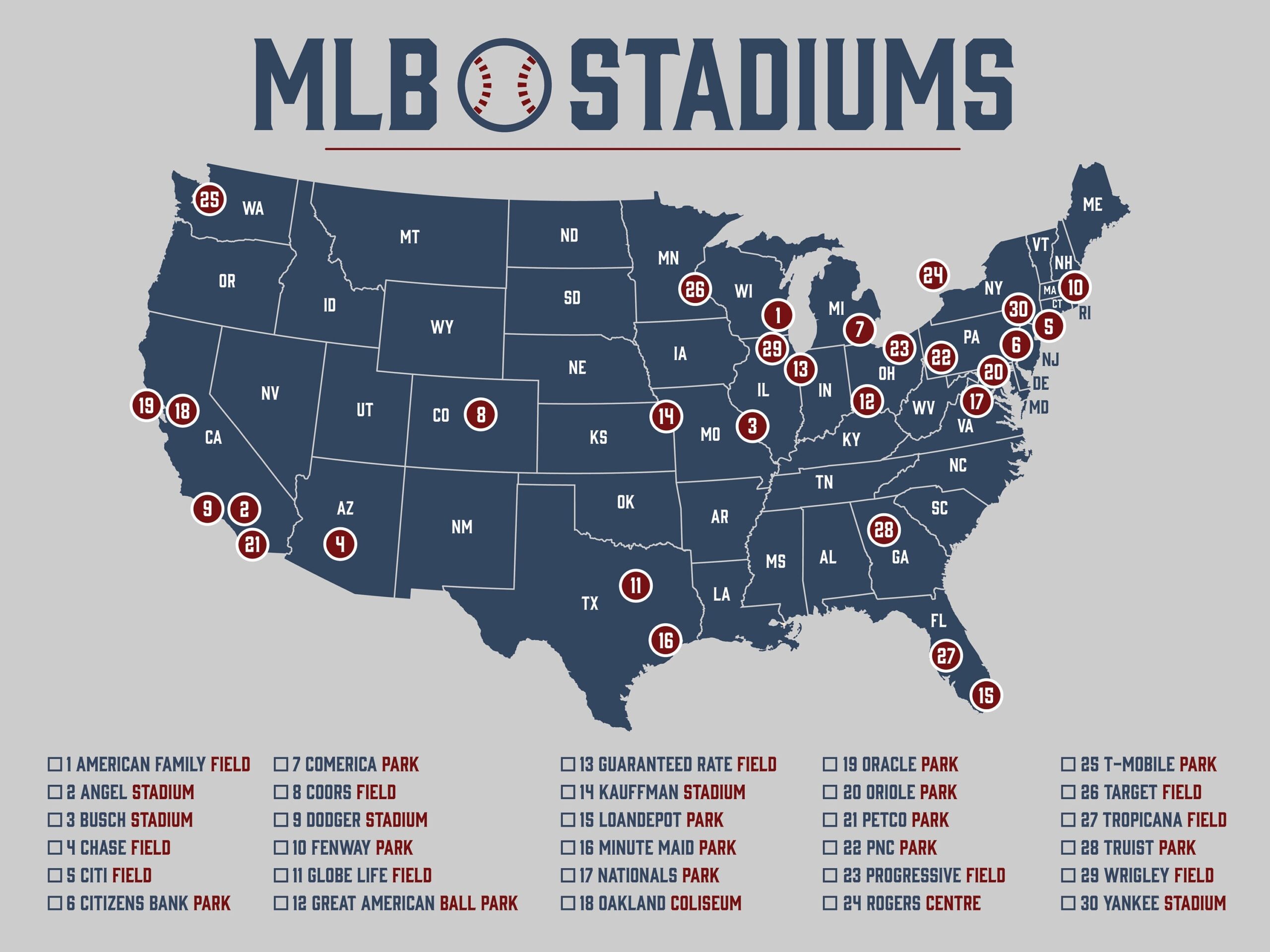 MLB Stadium Map Baseball Stadium Map Ballpark Map MLB Stadium Checklist Etsy Sweden