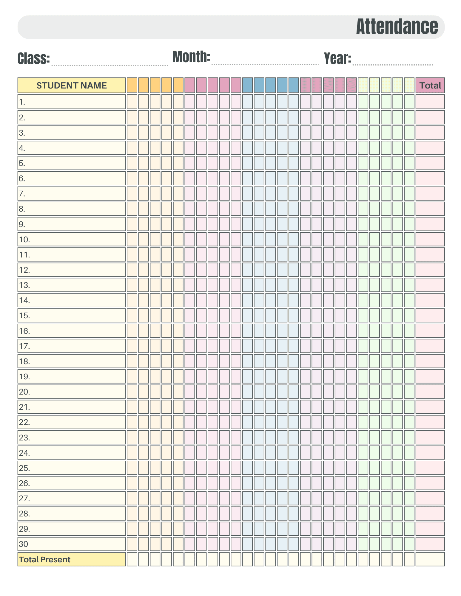 free printable attendance sheet