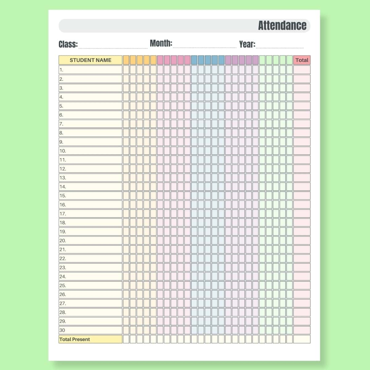 attendance sheet printable