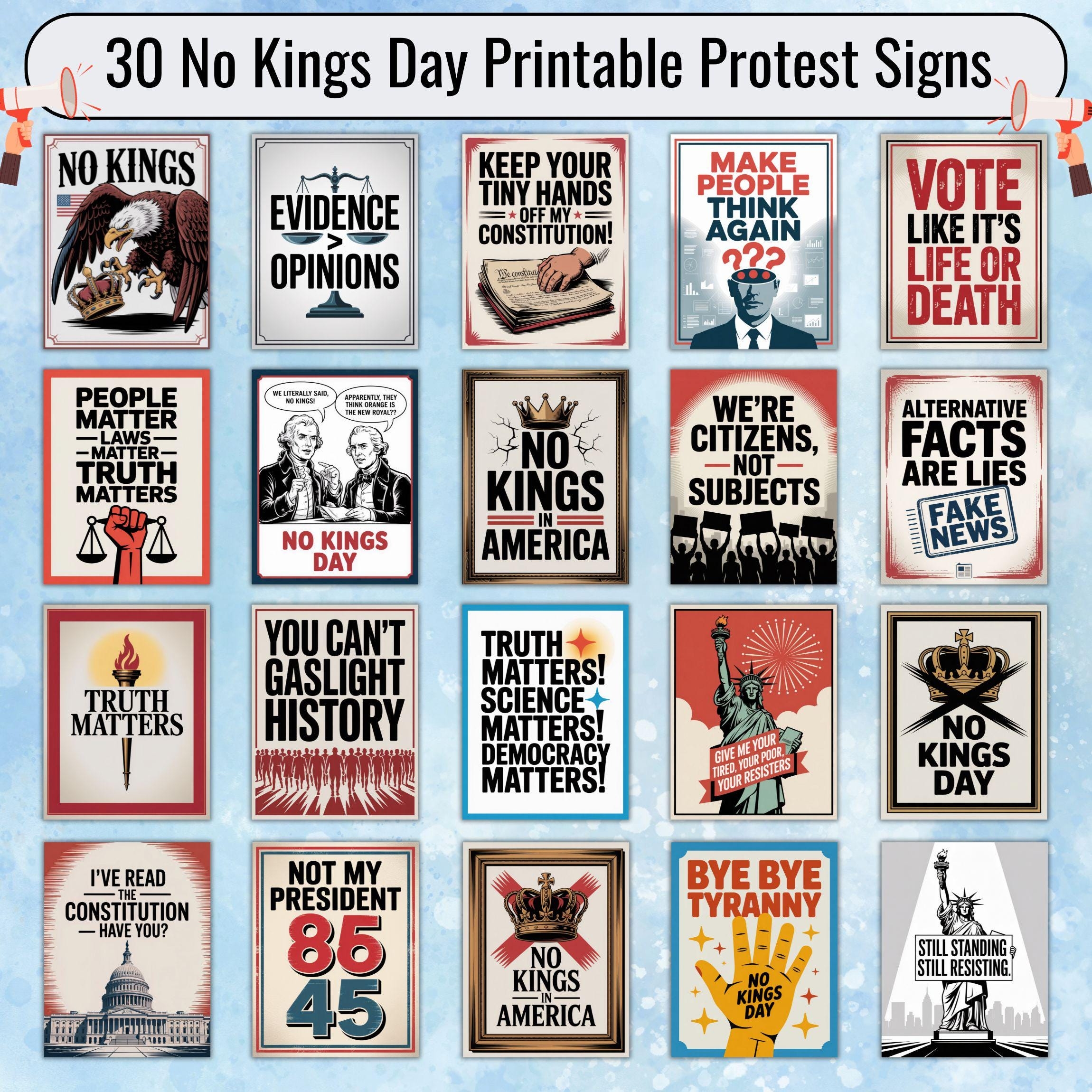 No Kings In America Protest Sign Bundle 30 Bold Printable Posters For Rallies Marches Political Decor Instant Digital Download Etsy