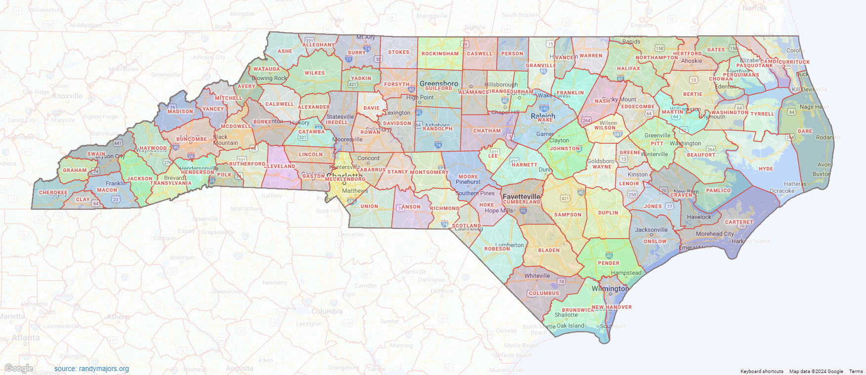 North Carolina County Map Shown On Google Maps