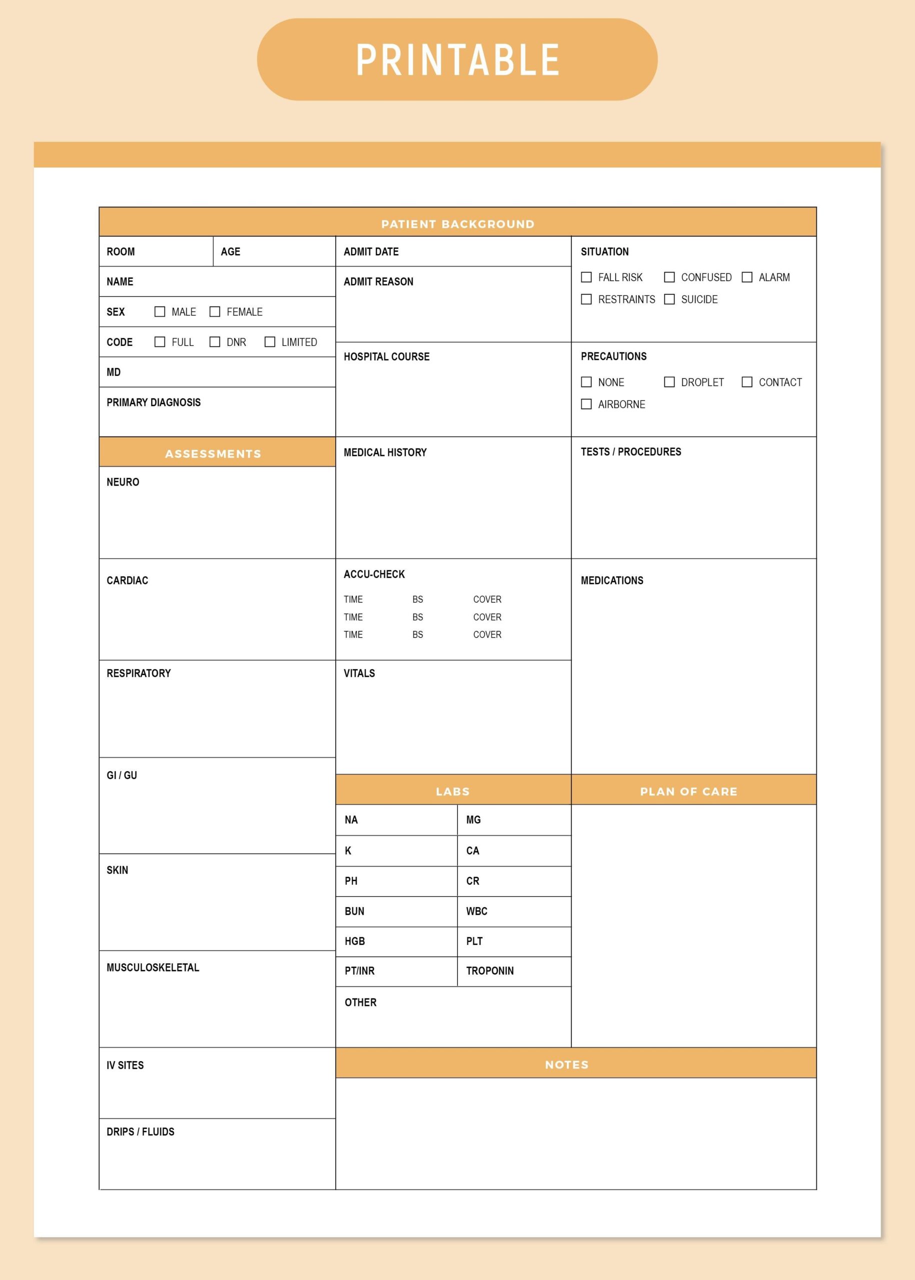 printable nursing report sheet